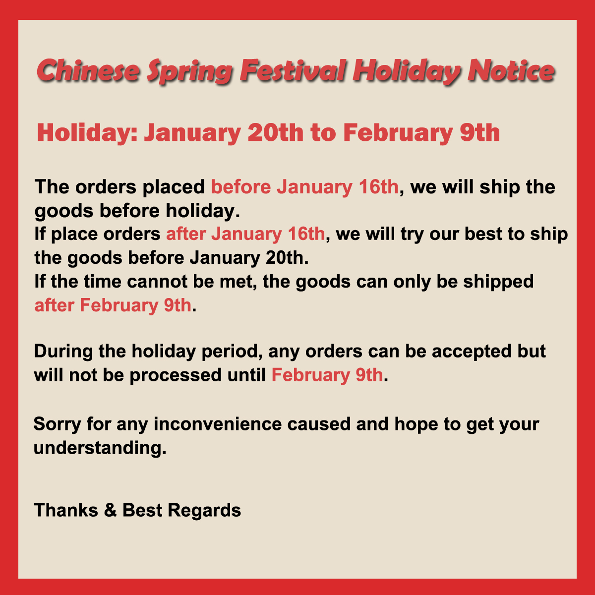 Chinese Spring Festival Holiday Notice